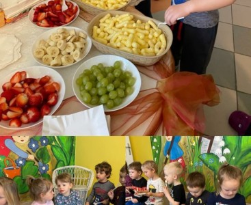Kolaż przedstawiający dzieci wybierające owoce i jedzące czekoladę. - powiększ