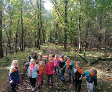 'Misiaczki' na zdjęciu grupowym w lesie. - powiększ