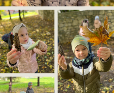 Zdjęcie przedstawia kolaż składający się z 5 zdjęć, na których dzieci trzymają w ręku zebrane liście. - powiększ