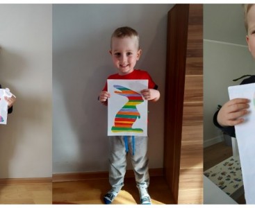 Zdjęcie podzielone jest na trzy części. Na zdjęciach przedstawione dzieci z grupy Biedronek trzymające swoje Kolorowe Zajączki. - powiększ