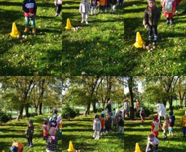 Kolaż zdjęć przedstawiający dzieci z grupy 'Pszczółki' uczestniczące w konkurencjach sportowych w ogrodzie przedszkolnym. - powiększ